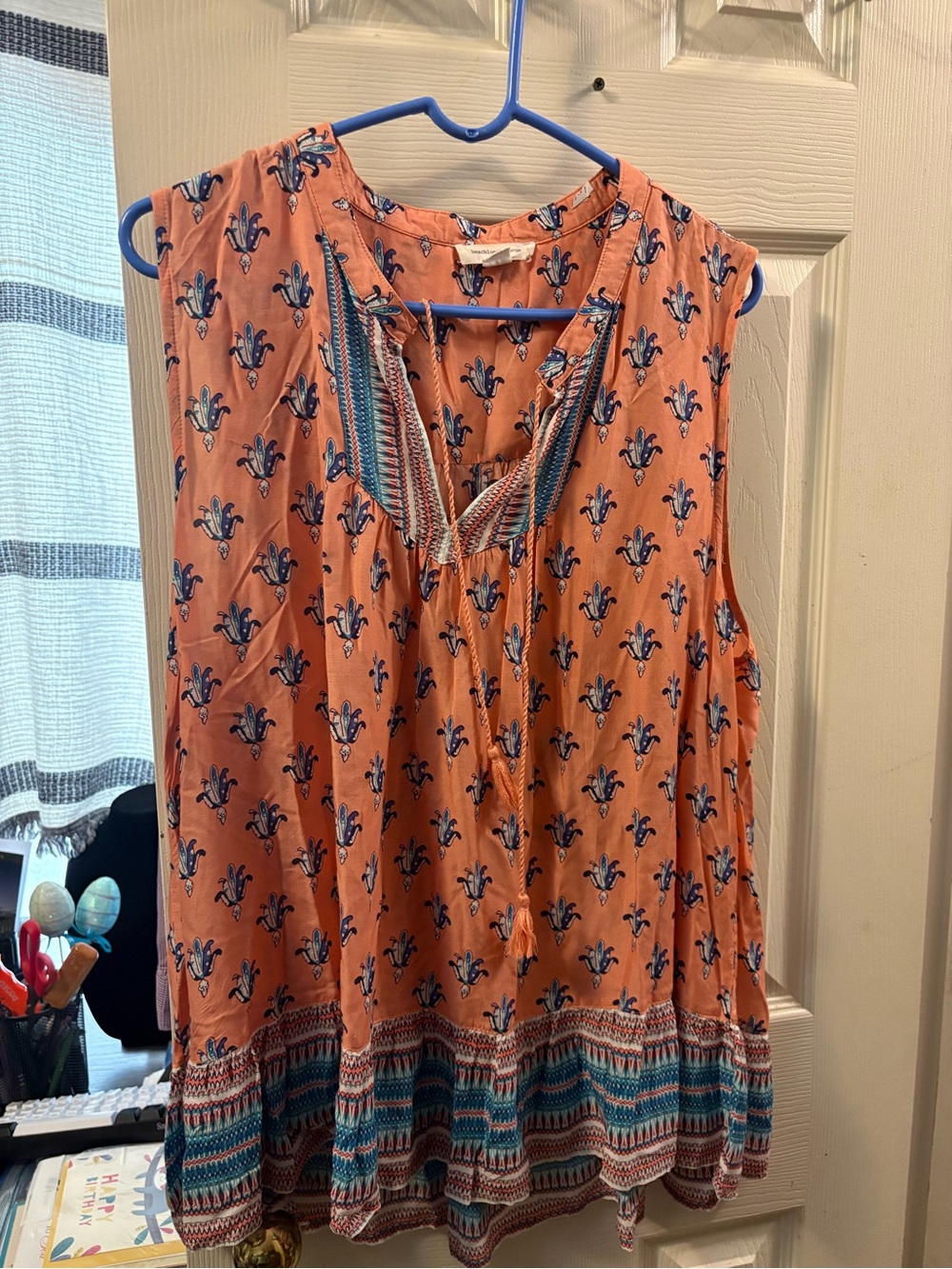 Boho Coral Printed Sleeveless Tassel V-Neck Camisole